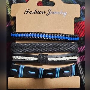 4Pc Blue, White and Black Braided Bracelets Set Unisex